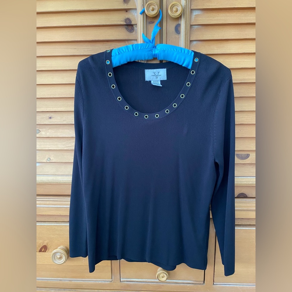 Versailles black pullover, long sleeve with metal rivets accent at neckline M